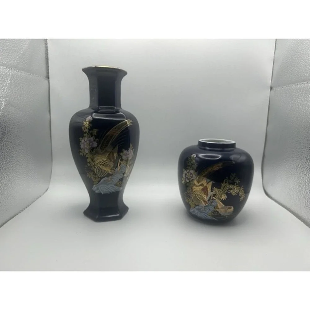 2-PC Asian Style Cobalt Blue‎ Cloisonné Golden Floral Flower Vases